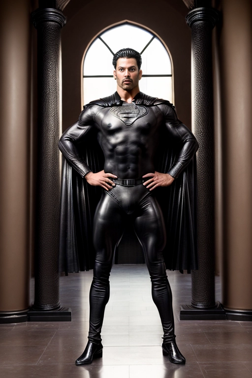 A professional photograph of a tall and very muscular gorgeous latino prince standing in a relaxed pose
model has dark hair and dark bronze skin
model has a bodybuilder physique
(((model is wearing black leather long pants and black shirt)))
((model is wearing an elaborate cape))
background is an arabian castle interior
<lora:dpmg_add_detail:1>