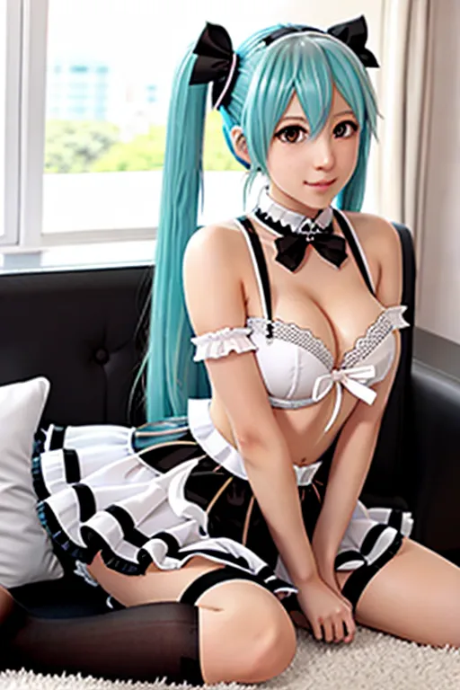 hatsune miku, giant breasts, maid uniform, miniskirt, choker, long hair, high heels, in living room, slim body, looking at viewer, 1 girl, cleavage, 4k