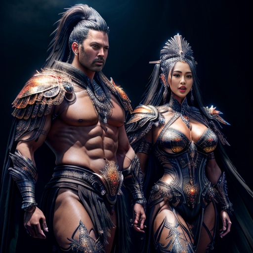 A professional 8k photograph of (a very tall and muscular male warrior with dark skin and black hair) escorted closely by (a beautiful fit priestess with asian features and dark skin and long thick shiny black hair wearing flowing robes and armor)
Priestess is wearing skimpy clothing
Models have a serious look on their faces
Warrior is wearing black leather dragon themed armor
Background is a menacing dragon
studio lighting
<lora:dpmg_add_detail:1>
<lora:dpmg_fantasy_armor:1>