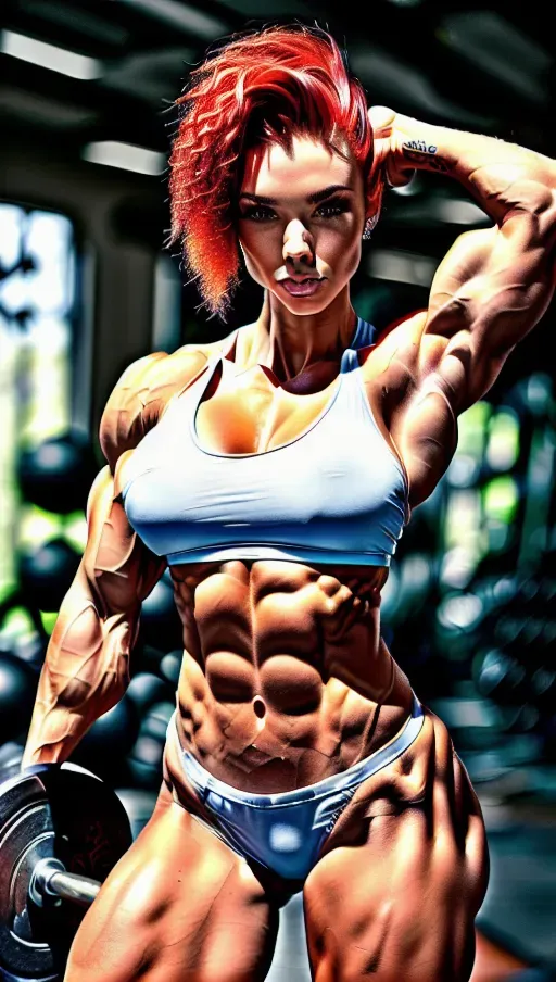 realistic, 8k photoshoot of tall fitness babe, gym rat, in a gym, ratchet red hair color,
(((detailed face))),(((photo))), highest quality, 8k, highly detailed, high detail hair, (sharp body), detailed body, sexy pose, square jawline, hazel eyes, sweaty, (pale skin), athletic, lithe, firm, topless, booty shorts,
<lora:dpmg_muscle_girl:0.5>, abs, toned muscles, glutes, traps,
<lora:dpmg_add_detail:1> realistic, masterpiece, life-like,