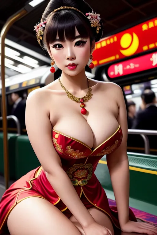 a photo shot of,miyuki shiba,wearing chinese costume,all-fours,in the london underground,big breasts,five fingers per hand,bangs hairstyle,charming face,beautiful lips,green eyes,curved eyebrows,curved eyelid,pale skin,peaceful,wearing necklace,cinematic lighting,smooth,editorial,surreal,highly detailed