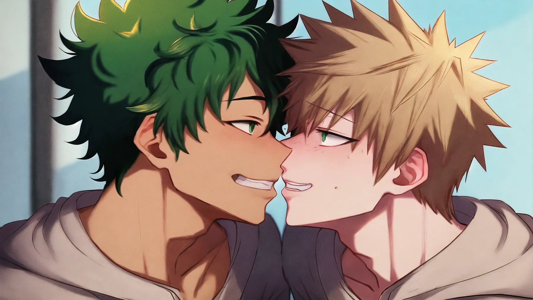 izuku midoriya and Katsuki bakugo kissing eachother on the lips, 2 boys
