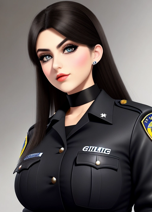 Cute Italian girl, simple grunge makeup, pale colored eyes, big wide doe eyes, smirk, black hair, big lips, high riding huge boobs, gigantic tits, police woman uniform, photorealistic, best quality, ultra high resolution