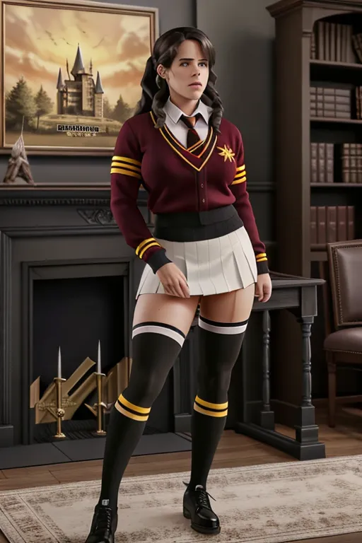 dpmg_neve_campbell_v1, a concept art of neve Campbell as Hermione Granger wearing Gryffindor uniform sitting in a Hogwarts classroom medium breasts,five fingers per hand,beautiful face,beautiful lips,black eyes,curved eyebrows,curved eyelid,pale skin,romantic,ultra realistic,sharp focus,pixiv,artstation,highly detailed, black thigh high socks dark gray mini skirt Dark grey sweater Red tie with yellow diagonal stripes inside sweater white tennis shoes white panties thighs apart to show white panties upskirt lifting skirt up panties knees bent