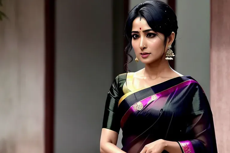 a photo , saeko Matsumoto , wearing transparent black sari ,low neck line, navel slightly visible though transparent sari, cleavage,shooting from a high point, beautiful b cup breasts,five fingers per hand,gorgeous oval face,beautiful lips,black eyes,curved eyebrows,cosy,surreal,professional,sharp focus,pixiv, wet, standing in light rain, Wet hair, full photo, wet clothes clinging to body, slightly visible hardened nipples through the saree, saree needs to be covering the body in traditional style, erotic , wet body , wet clothes , saree fabric needs to cover chest and belly, Saree fabric needs to be sheer and translucent, low waist, ultra realistic, cinematic lighting