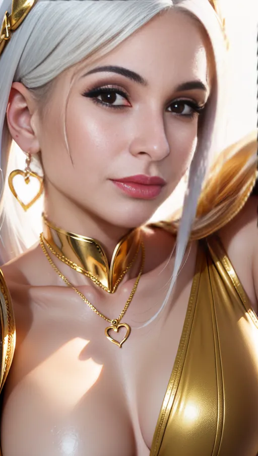 best quality, (((ultra high res))), (detailed face and eyes), hearts, perfect face, big choker, golden earrings, jewelry, ((eyes closeup)), glowing heart, golden heart necklace, big heart pasties, white hair, covered by gold, golden skin, chained