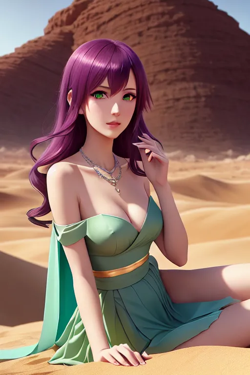 a digital painting of,senjougahara hitagi,wearing princess dress,sitting,in the desert,five slender fingers,wavy curtain bang,gorgeous face,beautiful lips,green eyes,curved eyebrows,pale skin,peaceful,wearing necklace,sharp focus,cgsociety,cinematic lighting,artstation,professional