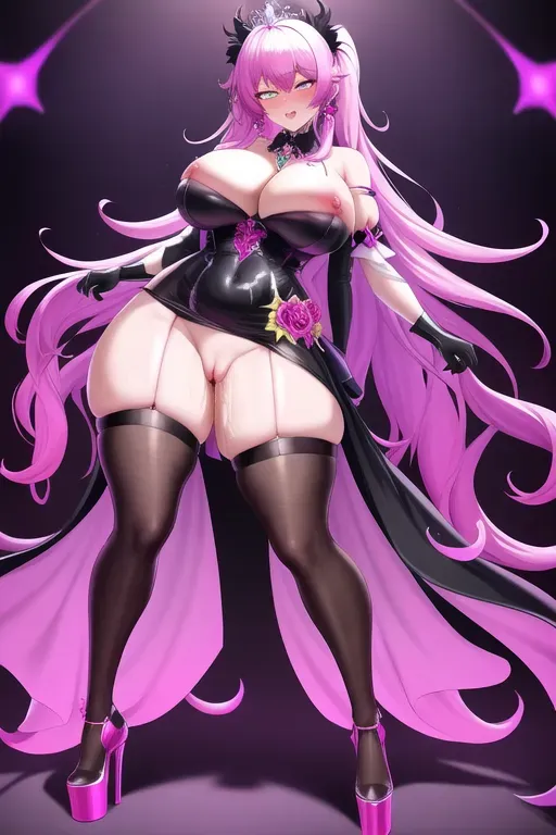 wide shot, 20 year old, a princess, thicc, goth clothes, pink, night club, night, neon lights, surprised, 8k, professional, creampie, ahego, lustful, lewd, spread open, naked, bent over, whore, pussy juice, cum,