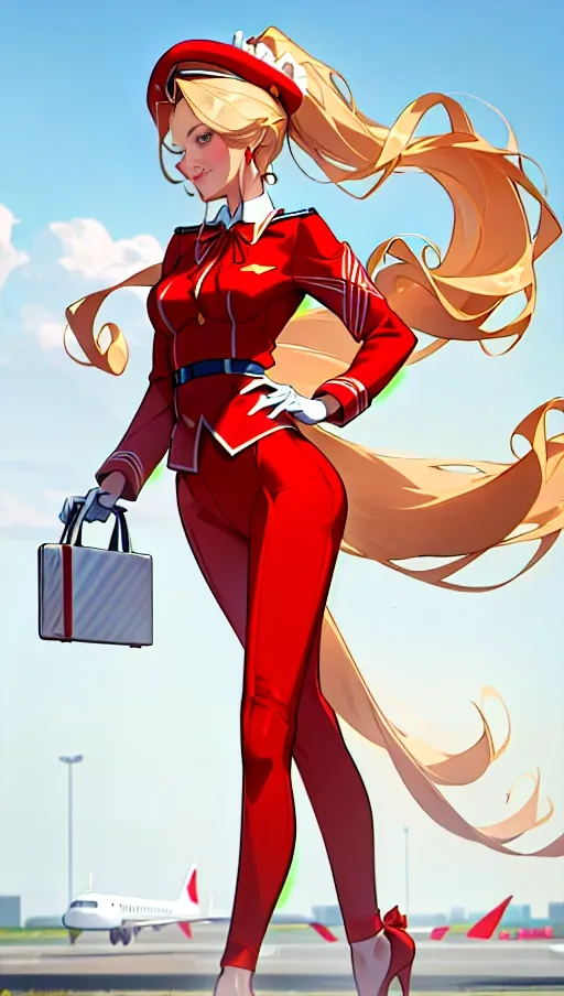 A tall gorgeous young happy flight attendant, walking outside and airplane, red uniform and cute flight attendant hat, frilly, stilettos, long curly blonde hair in a ponytail, very long legs, makeup, opulence, earrings, tanned, red neck ribbon, fit and toned