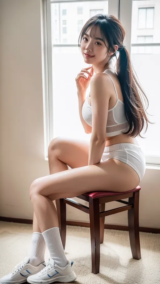 (best quality:2.0), (masterpiece:1.4), high resolution, (photo realistic:1.9), Korean sexy super model, perfect face propotion, nsfw, (thick sports shoes:1.2), navyblue sports wear, knee socks, thick eyebrow, (moon face:1.2), long neck, small lips, large hair band, full bangs, pony tail, large sparkring brown eyes, double eyelids, cheek blush, round cheek, sexy posture, muscular long legs, cleavage, luxury chair, (shiny sweaty ultra pale skin:1.5), big coy smile, beautiful constriction, broad forehead, ultra detailed fabric, detailed skin, dropping eyes, soft dim hotel room,