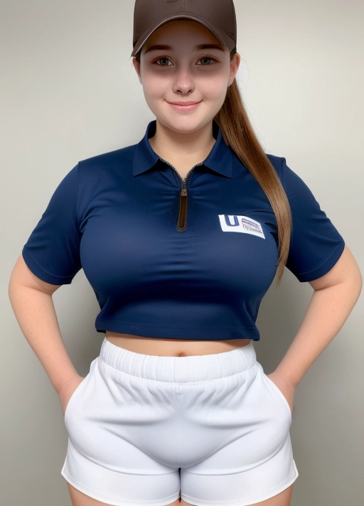 full body visible, an ultra realistic, Raw photo, super high definition, ultra quality photograph of, 19 year old, white background, mouth slightly open, fast food worker uniform, polo shirt, (((unzipping tight shorts))), (((panties showing))), cap on, ponytail, brown_hair, ombre blonde, realisticuncensored, pubic hair visible, (highly realistic detailed face), modest clothing, flawed skin texture, harsh lighting, cinematic