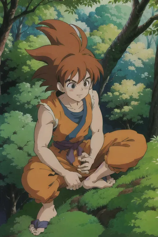 ghibli style, goku, in a forest, best quality, high resolution, ((masterpiece)), <lora:dpmg_ghibli_style:0.92>