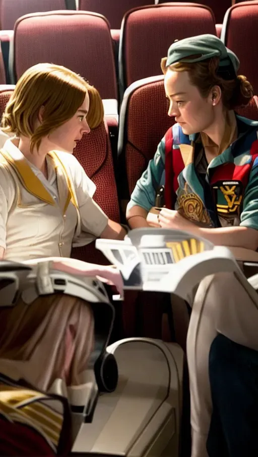 Detailed, close up lesbian Brie Larson teasing Emma Stone at cinema theater, drama movie, panavision