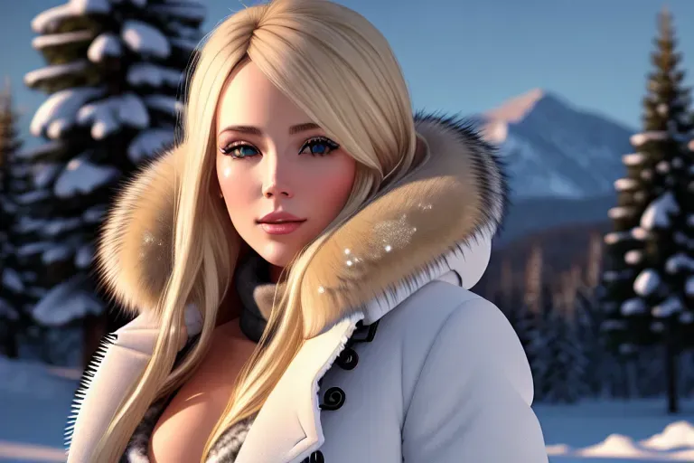 blonde woman, snow, fur-lined coat, open front, full figure, intricately detailed, realistic, 8k