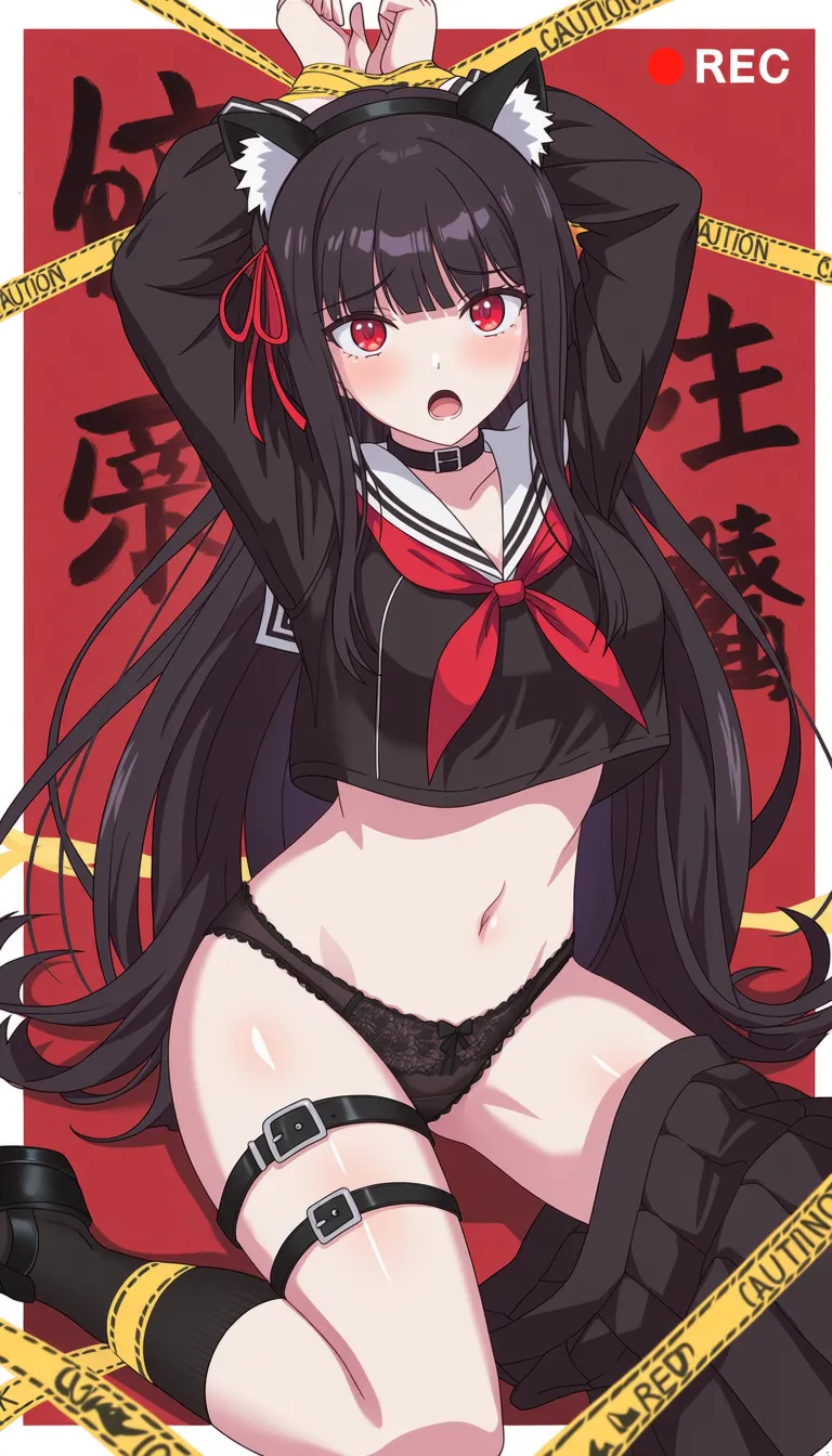 1girl,
score 7, ultra detailed, fair skin, high contrast, animal ears, underwear, solo, red eyes, panties, black hair, long hair, navel, black panties, fake animal ears, cat ears, thigh strap, animal ear hairband, serafuku, neckerchief, looking at viewer, bound, skirt, choker, school uniform, open mouth, red neckerchief, black serafuku, black choker, paw pose, sailor collar, skirt pull, caution tape, ribbon, blunt bangs, red background, bound wrists, blush, black skirt, breasts, thighs, sitting, restrained, crop top, lace-trimmed panties, red ribbon, border, stomach, arms up, white border, hairband, pleated skirt, long sleeves, hair ribbon, black footwear, skirt around one leg, animal ear fluff, white sailor collar, very long hair, lace panties, lace trim, unworn skirt, thigh belt, shirt, black socks, medium breasts, black shirt,
A young anime-style girl with long, dark hair and striking red eyes is depicted in a dynamic pose. She wears a black outfit featuring cat ears on her head and a red bow at her neck. Her hands are raised near her chest, and she is wearing thigh-high stockings with straps. The background includes large Japanese characters and a red banner with the text 'REC' visible in the upper right corner.
best quality, score_9, very aesthetic, sensitive, explicit