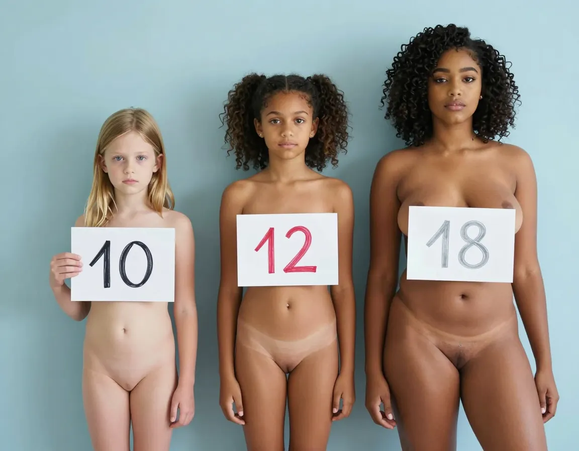 3 underage girls in a row, each with a sign, nudes. 10yo on the left, slender and petite with a flat chest, pale skin, shoulder-length blonde hair, blue eyes. Holding a small sign with handwritten "10" in black marker. Next is a slightly taller 12yo with an early budding figure, C-cup breasts, slim waist, and thighs still slim, medium brown skin, curly black hair in pigtails, bright hazel eyes. Her sign reads "12" in red marker.18yo on the right, voluptuous and developed, D-cup breasts, thick curly hair and makeup, olive skin, holding a sign with "18" in silver ink. All three nude, standing in front of a light blue wall, shot from slightly above. Camera is a smartphone with a wide-angle lens. Style is natural, amateur, in a bedroom.
