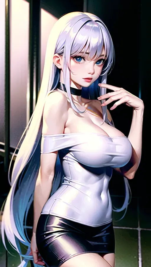 best quality, ultra high res, (photorealistic:1.4), 1girl, white long straight hair, bangs parted equally in half, light blue eyes, off-shoulder white shirt, black tight skirt, black choker, D sized breasts, looking at viewer, closeup <lora:dpmg_korean_doll:0.66>, mature, hot, cold-looking, mid-dance