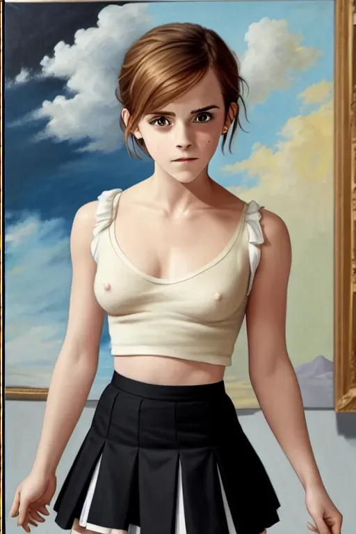 Emma Watson is wearing a skirt, the painting shows the perspective from underneath her, her whole panties are fully visible, she is wearing a very short top that reveals the top of her breasts as well as her nipples