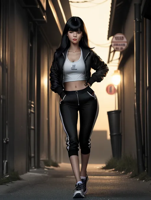 realistic HD photograph ((wide shot)), ((Jane Levy))(((accurate face))),(((as a HOOKER)))(((IN A DARK ALLEY))),(((sweating)))(((wearing cropped track jacket)))(((wearing baggy pants)))(((wearing running shoes)))((EVIL facial expression)), ((very sexy pose)),(((perky breasts))),(((dancing pose)))(((twerking)))(((slender athletic body))), (((Long sleek hair))) ((blunt hairstyle)) (((bangs hairstyle)))(((jet black hair))), five slender fingers, beautiful face, beautiful lips,detailed large eyes,curved eyebrows,cgsociety,cinematic lighting,studio lighting,professional,editorial,