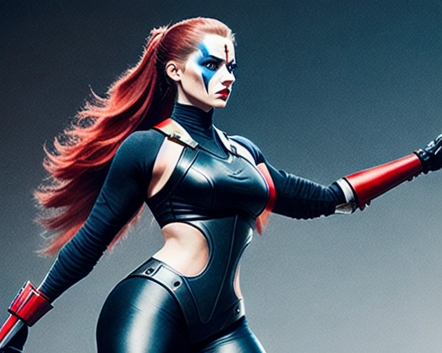 A full frontal figure of a standing Zealot, including legs and feet, in her crimson outfit, she is a striking, imposing figure with long, flowing white hair that contrasts sharply with her signature crimson, revealing uniform, her hourglass, voluptuous figure, paired with her athletic, toned physique, is accentuated by the sleek, tight-fitting bodysuit made of light fabric that hugs her curves, The suit features cut-out sections, exposing parts of her midriff, sides, and upper chest, showcasing her sculpted body, in particular her long, shaped legs, tight waist, well-shaped round hips, perfect ass and large firm breasts, her forearms are wrapped in crimson guards, leaving her upper arms bare, while her knee-high, stiletto-heeled boots add height and a touch of elegance to her lethal presence,
Her smooth, pale skin carries a faint glow, a subtle reminder of her alien heritage, her facial features are cold, elegant, and incredibly gorgeous, with piercing ice-blue eyes, full lips painted red, matching her nails and the light war-paint across her face, This war-paint enhances her fierce, battle-hardened demeanor, yet hints at a deeply buried softness beneath her warrior exterior, Altogether, her ensemble radiates both deadly grace and an exciting, formidable aura, marking her as a fearsome presence on the battlefield