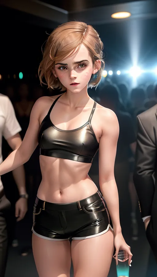 Candid photo of Emma Watson in tight spandex shorts shorts and revealing tube top, (((under boob showing))), at the club, small boobs