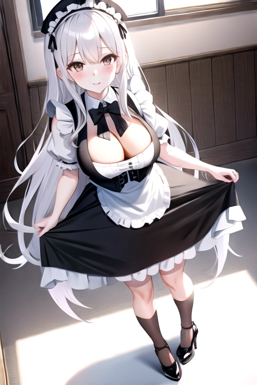 8k quality, brown eyes, pale white skin, white hair, giant breasts, cleavage, looking at viewer, pov, long hair, wavy hair, black maid uniform, high heels, miniskirt, standing in living room, full body photo