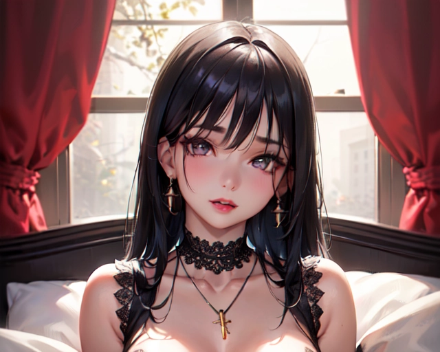 photorealistic, 8k, accurate face, (((detailed face))), (((replicate inspiration face))), full figure shot, shining eyes, female face, cute, 21 years old gorgeous, luxuriously long black hair, lipstick, bangs, small breasts, choker, necklace, pendant,
wearing tight black lace lingerie , in bed room,