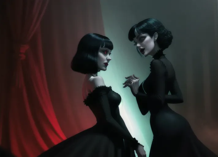 two ladies in a dark atmospheric modern goth nightclub, Dakota Fanning as Mavis Dracula of Hotel Transylvania in tight black revealing attire and hypnotic red glowing eyes, dancing the night away with beautiful good auburn haired Elizabeth Lail as Anna of Arendelle in a modest light green royal gown. Photorealistic, b-horror film screencap,