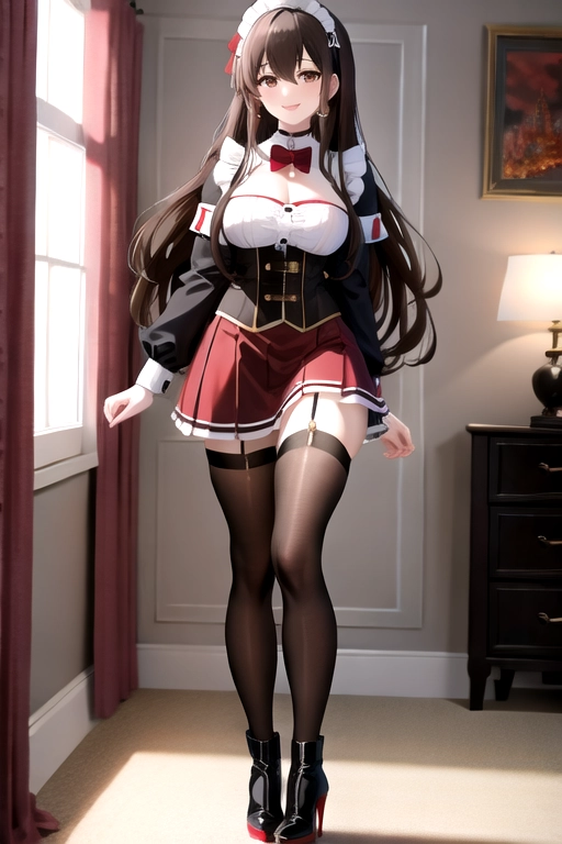 long hair, pale skin, brown hair, brown eyes, black choker, giant H-cup breasts, wavy hair, black maid uniform, smiling, full body photo, 28 years old, miniskirt, cleavage, high heels, red corset, 8k quality, red boots, in living room
