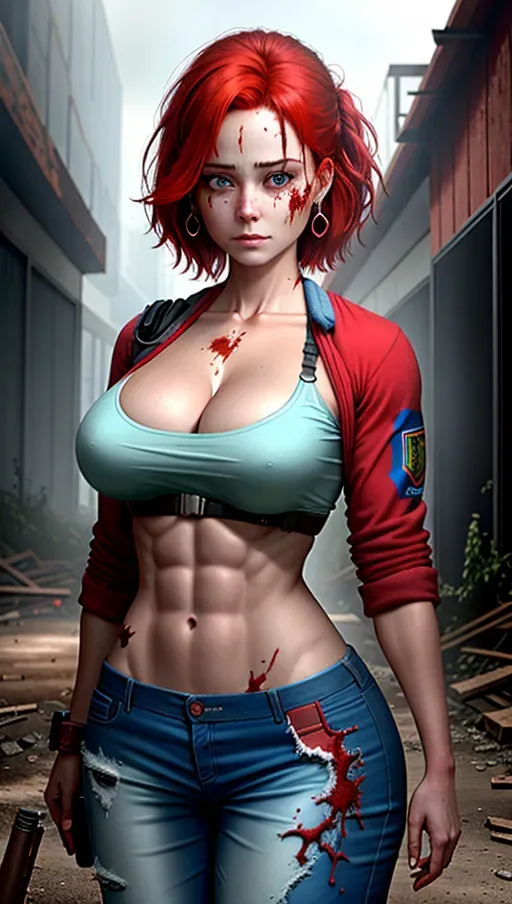 A maximum resolution, extremely well detailed digital painting of a beautiful woman, in a zombie apocalypse. The environment is ominous, and is an abandoned building. The environment is in an abandoned building. The digital painting is high resolution, high quality, and is a masterpiece. She is a redhead causacian woman, with pale skin, and her hair is very short and messy. She has massive, perfect breasts, and has extremely attractive facial features. She has extremely well detailed facial features, and her facial features are perfect. She has a survivor outfit on. She is wearing a survivor outfit. Her survivor outfit is very revealing. Her clothing is extremely well detailed, and she is showing cleavage. Her breasts are gigantic. She has a happy facial expression. Her face is perfect. Her face is very well detailed. Her eyes are perfectly detailed. Her facial features are perfect. She is looking directly at the viewer. She is facing the viewer directly. She is making eye contact with the viewer. She is muscular. She has a muscular body. Her eyes are symmetrical. Her eyes are perfectly designed. Her eyes are perfectly detailed.