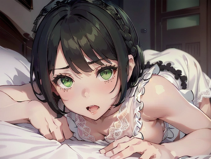 A timid woman, short black side bang hair, (((green eyes))), (((wearing white lace dress, scrunched up dress exposing her breasts))), (((small boobs exposed))), in bedroom, close up,
Horny expression,(( intricate eyes features, eyes fixed)), legs spread apart exposing pussy,
lying in bed,<lora:dpmg_ahegao:.2>,
<lora:orgasming_face:.2>, <drooling saliva:.8>, dpmg_face_cum_v1
in bedroom,