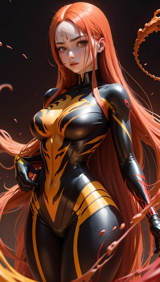 red and yellow female symbiote, hair-raising symbiote, (red and yellow symbiote goo), red and ((yellow)) long hair, ((red and yellow symbiote suit))