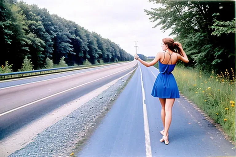 Dopamine Girl Color Photo Of Young Woman Hitchhiking View From