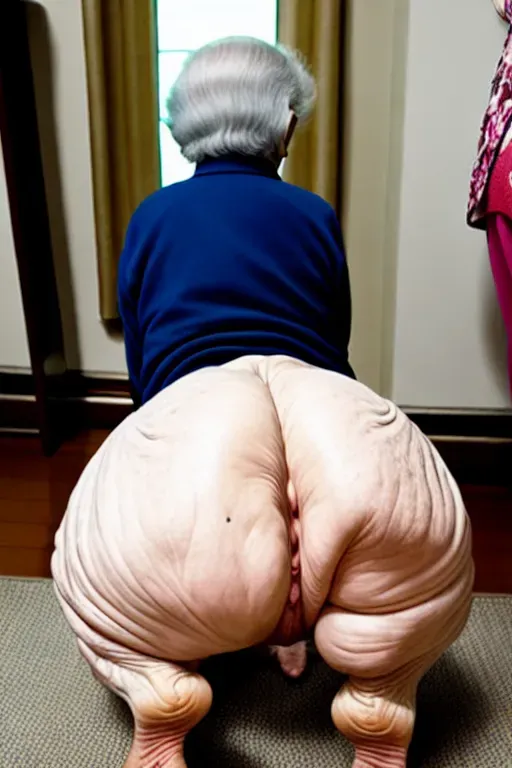(great grandmother),(85 years old),(naked),(saggy wrinkled skin),(brunet hair),(slutty),(shoe store),(very surprised expression)(bottomless nude)(showing ass)