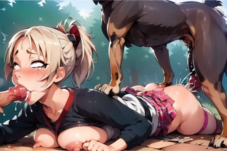 (1girl:1.1) , ahegao, ponytail , <lora:DXb15WArbKg_Doggy_c:0.8>, (dog:1.3), dog_knot, knot, high quality, detailed, (detailed_dog:1.3), forest_background, (blowjob:1.1)