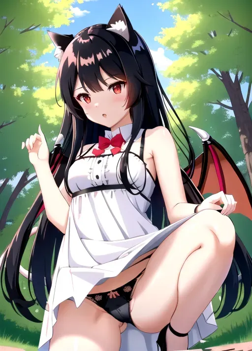 perfect quality, Neko-girl, fragon-girl, cat ears, horns, dragon wings, dragon tail, red eyes, black hair, long hair, toned body, sixpack, white dress, white high heels, outside, forest, detailed background, lifting dress, showing panties, black panties, embarresed expression