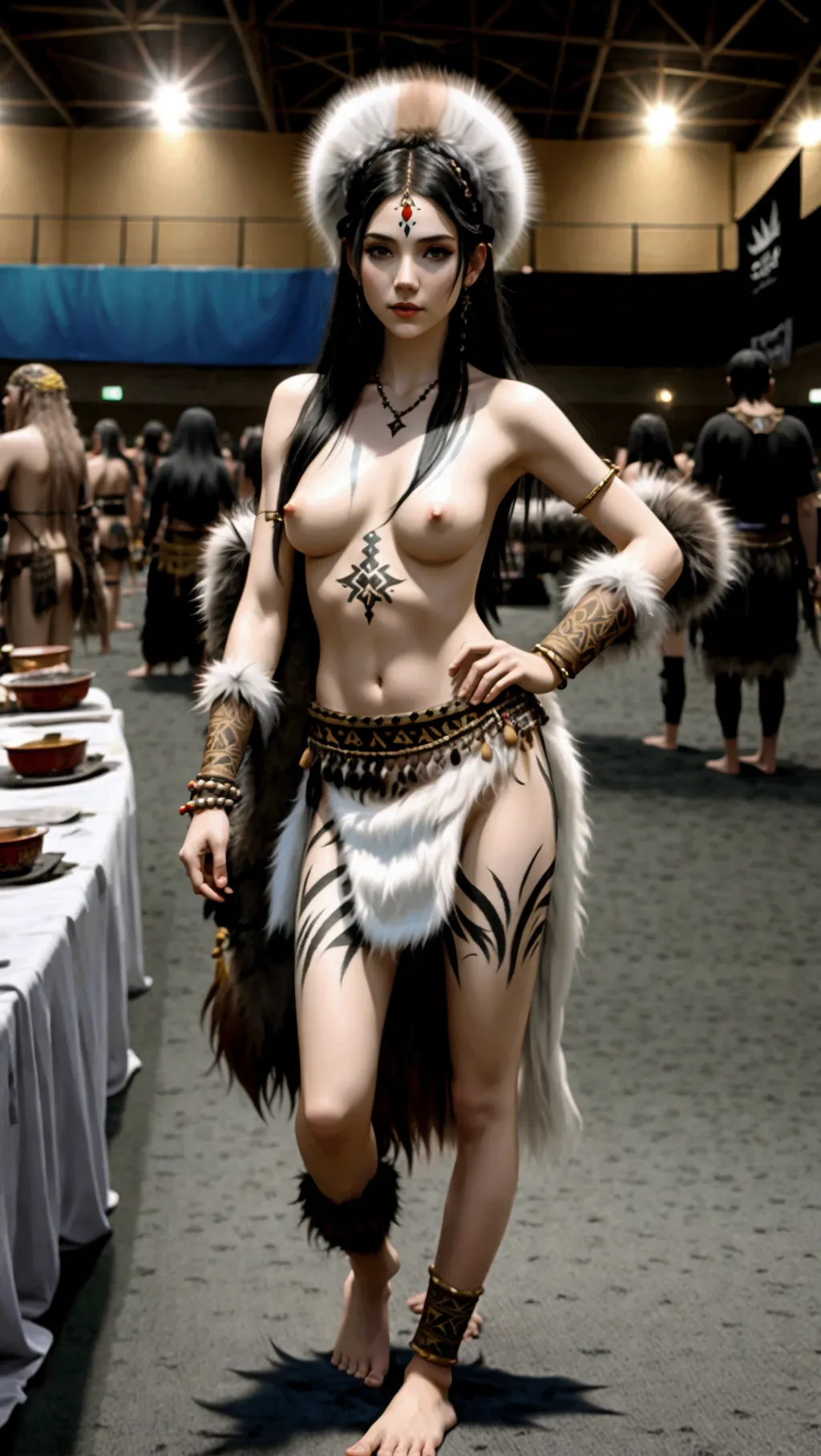 full-body image of young pale hot topless barefoot slender female Elden Ring warrior girl with dark hair while wearing a long tattered animal fur skirt and animal skin wrist guards with tribal paint on her breasts while inside an empty convention center, long erect nipples, barefoot, Elden Ring, exposed breasts, barefoot, long tattered battle skirt, tribal body paint on nipples, painted nipples, people in modern attire,