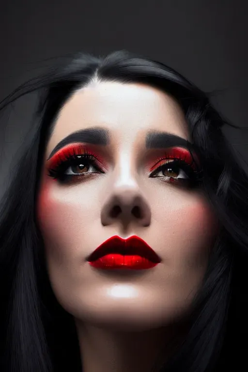 Dopamine Girl - a sad woman with long black hair, red lips and looking ...