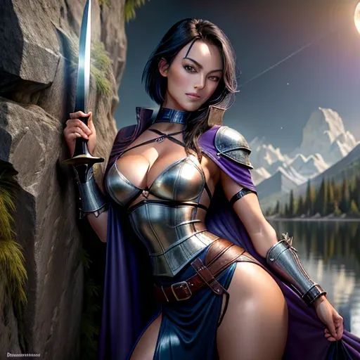 High fantasy setting (Dungeons and Dragons), two women (Olivia Wilde with fussy blonde hair and blue eyes) (Yunjin Kim with straight short black hair and black eyes) (accurate faces), both women are wearing leather and metal armour, sexy clothes in blue and purple theme, long cape, skirt to knees, high leather boots, medium natural breasts with large cleavage and erect nipples, toned and slim body, abs, slender arms and legs, small ass, exposed midrif, narrow waist, looking sexy with a sensual expression, very beautiful face, very beutiful eyes, thin and curved eyebrows, standing with arched back in a sexy pose, erotic smile, holding dagger or sword in one hand ready to attack or defend, looking at the viewer,
castle on a cliff next to a lake and forest in the background, full moon, moon light,
two arms, two hands, five fingers, detailed fingers, two legs, two feet, remove third hand, check eye configuration, check hand configuration,
<lora:dpmg_add_detail:0.4>, vivid colors, cinematic composition, artificial light, UHD, HDR, highest quality, highest resolution, (photorealist), (photorealism), (masterpiece:0.4)
