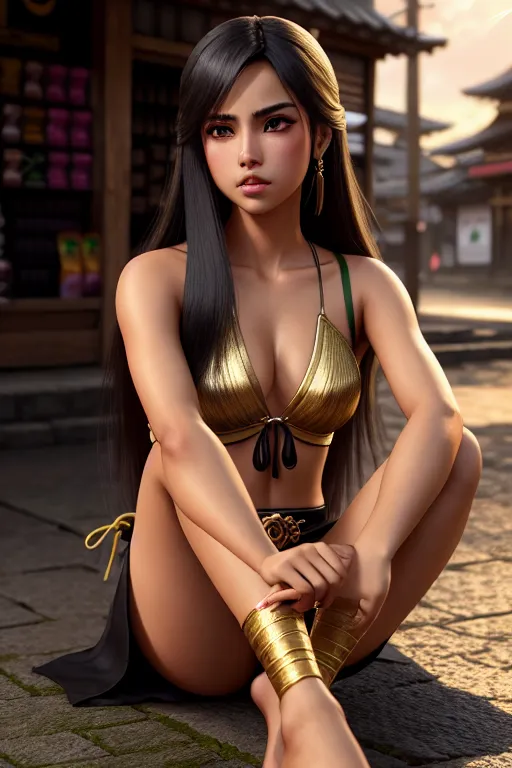 a illustration of,a brazilian girl,wearing samurai clothes,sitting on bent knees,at the convenient store,five fingers per hand,silky hair,beautiful face,beautiful lips,green eyes,curved eyebrows,textured skin,satisfaction,wearing golden ring,cinematic lighting,bokeh,highly detailed,8k,unreal engine