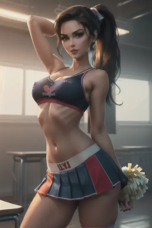 a (wide shot) concept art of single woman,(as a cheerleader),(teasing in a classroom)(Sly)(Evil grin),(wearing cheerleader uniform)(wearing a tied off shirt)(exposed midriff)(wearing knee high tube socks)()(sweaty)(wet panties), (accurate face),(pinup art), (sexy pose)(upskirt)(fondling ass and breasts)(looking down at you), (slender build)(Athletic Build)(skinny)(perfect ass), (perky breasts)(hard nipples), five slender fingers, (long SLEEK HIGH PONYTAIL CENTERED ON TOP hairstyle)(BLUNT)(BANGS), beautiful face, beautiful lips, detailed eyes, curved eyebrows, cinematic lighting, studio lighting,professional,editorial,