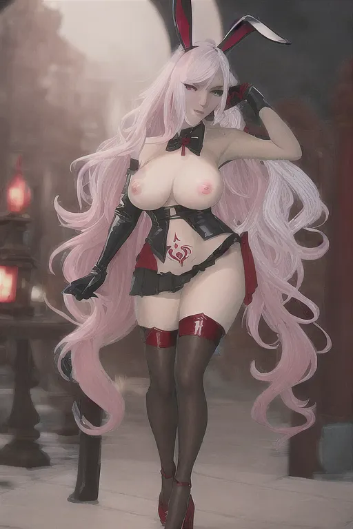 nsfw,
fantasy,
realistic lighting,
1 girl,
solo,
full body,
outdoor,
standing,
smug expression,
sexy pose,
(slender early twenties female),
(light skin),
(long pink wavy hair),
(bunny ears),
(heterochromia),
(c cup breasts),
(womb tattoo),
(black frilled skirt),
(black stockings),
(red leather pumps),
(black and red leather gloves),
(loose black and red haori)
