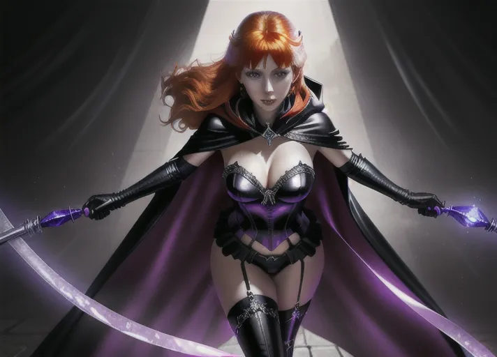 Sweet bright cheerful beautiful elegant auburn haired in a low hanging bun wide sparkling sapphire eyed Queen Anna of Arendelle in black sexy leather and satin attire with a large hooded full length cape obscuring her features in deep shadows lashes out with a raided leather whip against a strapped-up prisoner.
horror