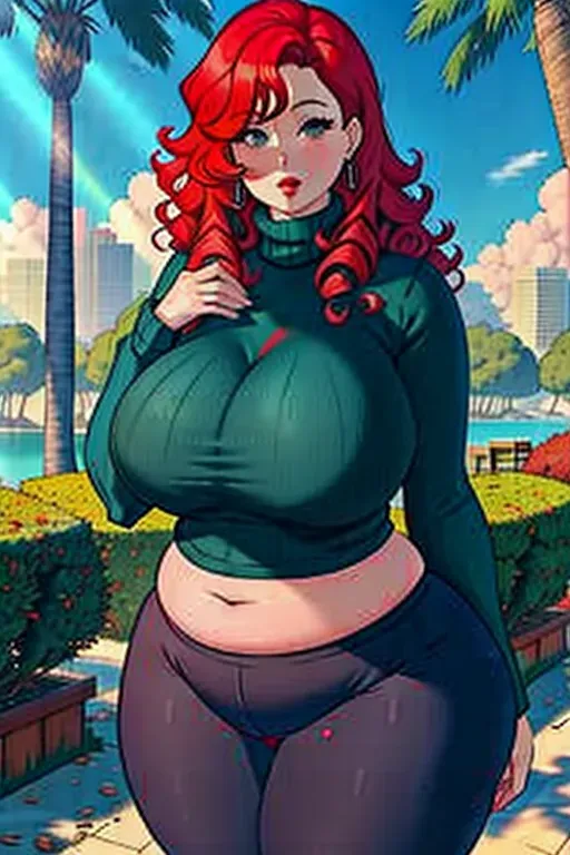 An extremely fat redheaded milf with curly hair wearing a turtleneck sweater and yoga pants, with plump red lips and a belly that sags to her knees, extremely thick thighs, tree-trunk thick thighs, huge sagging breasts, obese, morbidly obese, extremely wide and thick proportions, unrealistically busty, unrealistically thick, cartoonishly wide and fat