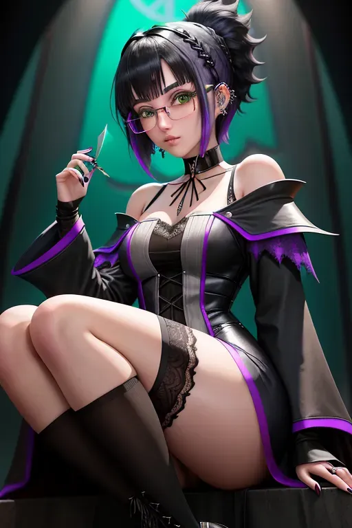 A Teenage Girl with a 2008 emo girl hair cut hair, Her hair is black and going down to her shoulders, She is wearing ear piercings that are swords that go through her ears, She also has a pair of small glasses she only used for reading, that accent and complement her green eyes, She is wear the classic Raven Claw Wizard Robes that hug her body nicely and hang softly around her frame, She is 5 feet and 6 inches tall at 16, so shes a bit taller than some of the boys still. Her socks are knee high socks with lace up knee high shoes, She has a small lace choker around her neck barely hidden by her Hogwarts robes
