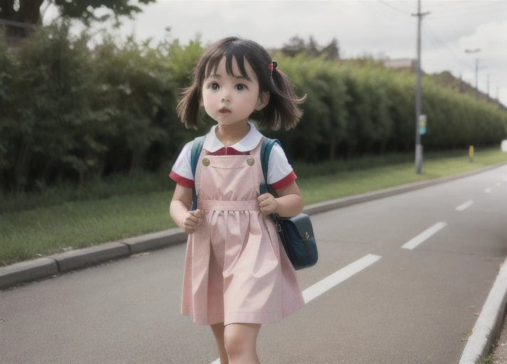 A 3 year old school girl walking down the street