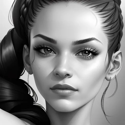A beautiful Latin women with her hair pulled back tight. Selfie close-up The edges of her face look like the matrix is surrounding it .detailed for engraving. Grayscale