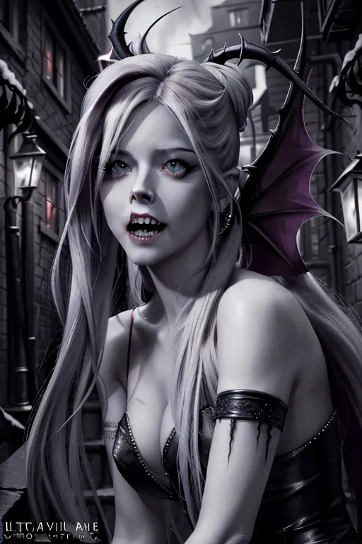 (Avril Lavigne), naked, ultra detailed face, 64k, vampire, razer sharp teeth, vampire teeth, blood on teeth, squinting menacing eyes, evil expression, dark alley, body modification, ultra detailed body image, 4k, ultra realistic, photo realistic,upper body portrait,