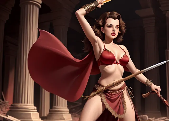 an ultra realistic digital painting of,Judy Garland, wearing a red loincloth and bra, holding a long spear in a fighting pose in the ruins, full body shot, small breasts,skinny body,long hair,five slender fingers, longer hair,charming face,seductive gaze,beautiful lips,curved eyebrows,smooth skin,peaceful,highly detailed,brown eyes,cgsociety,evening,editorial,sharp focus,pixiv, long eye lashes, small ass, long legs