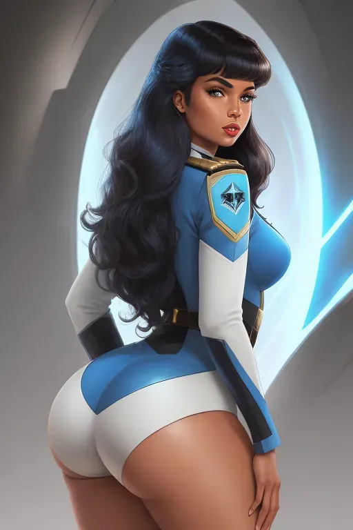 Star trek the original series, vulcan female, science officer, lieutenant, medium wavy hair, blue eyes, red lips, brown skin, blue hip length uniform, thick butt, curvy thighs, pusst.